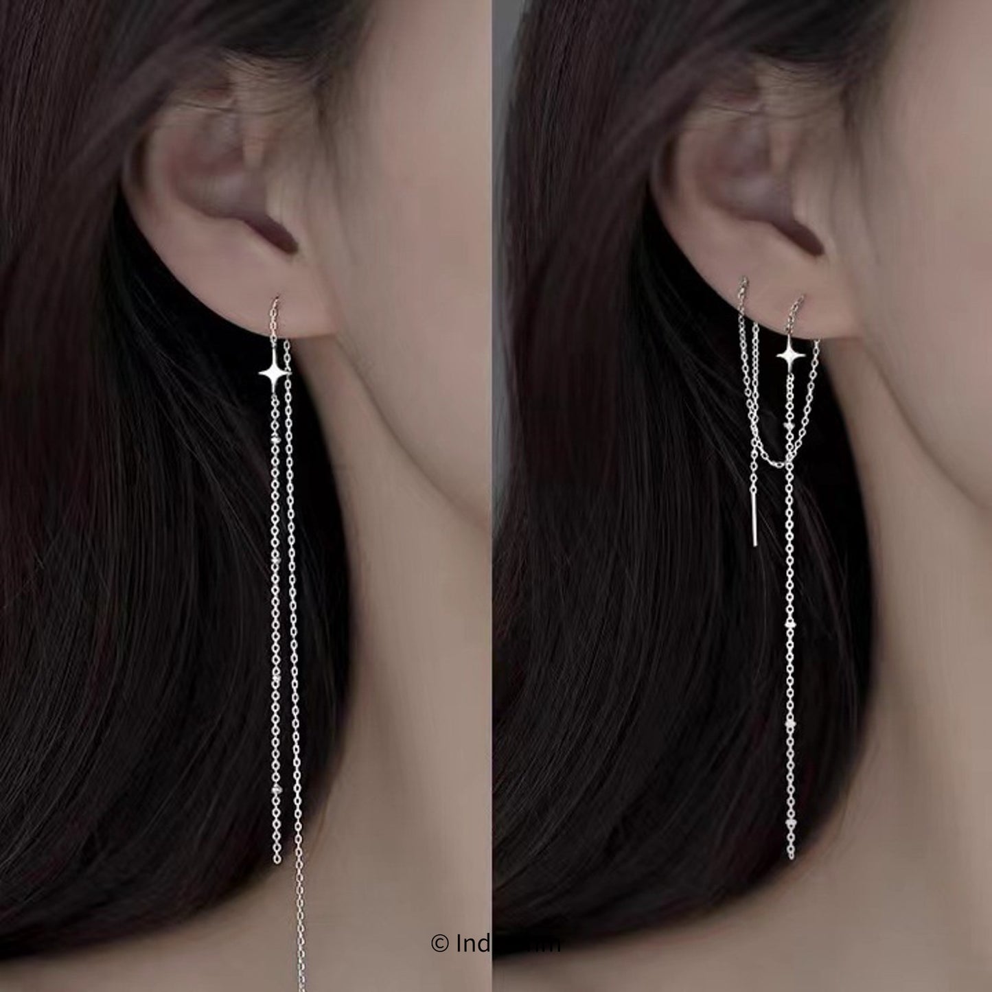 Long Sterling Silver Stars Two-Way Wearing Threader Earrings