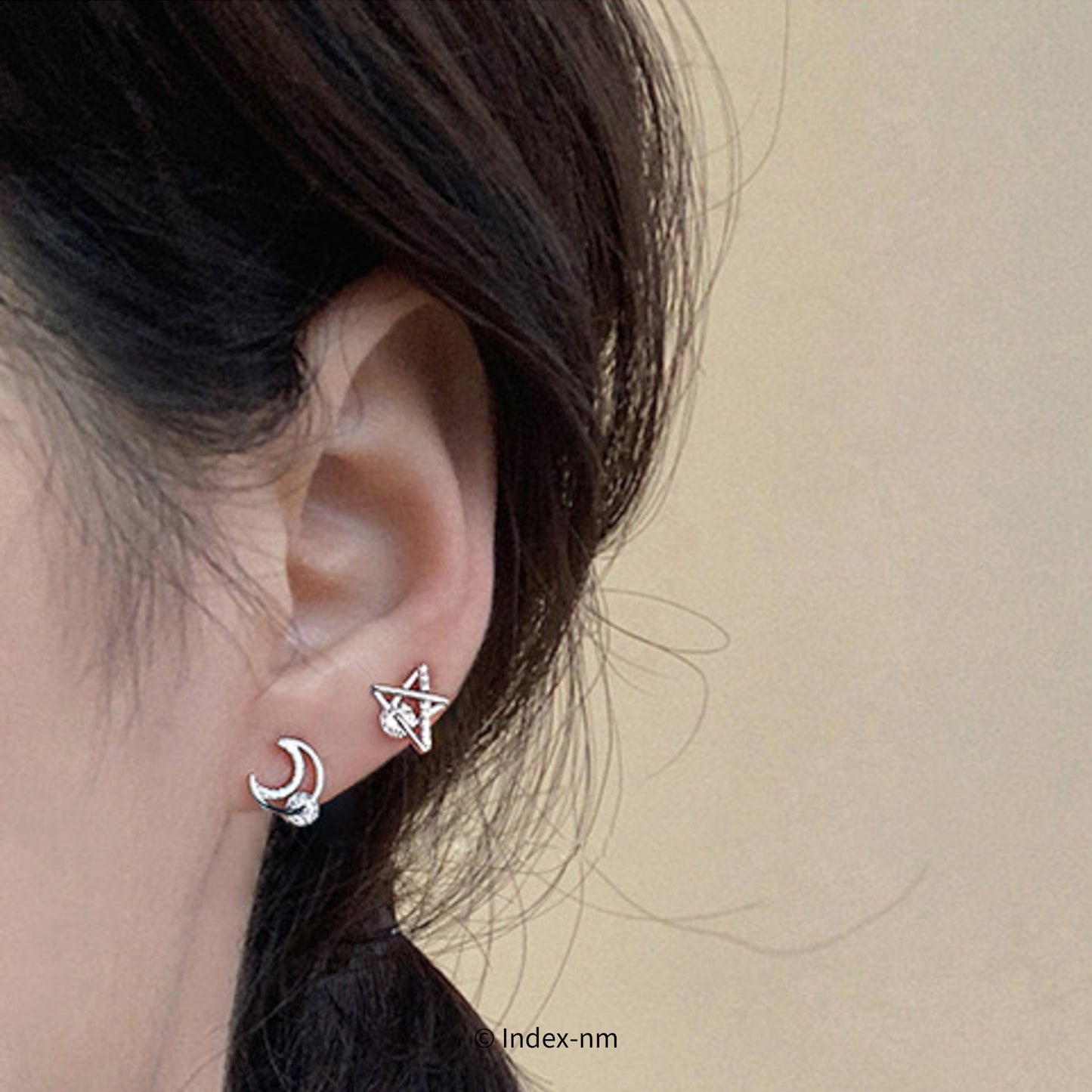 Dainty Sterling Silver Moon and Stars Asymmetric Stud Earrings