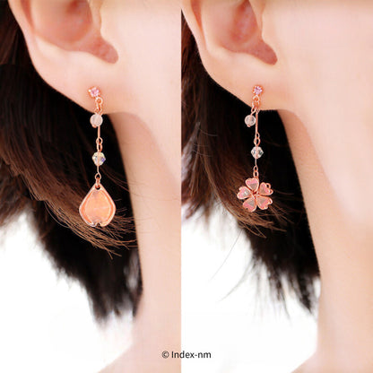 Pink Leaf Asymmetrical Long Drop Earrings/ Ear Clip