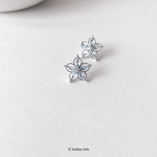 純銀藍色閃石花朵褸空耳環