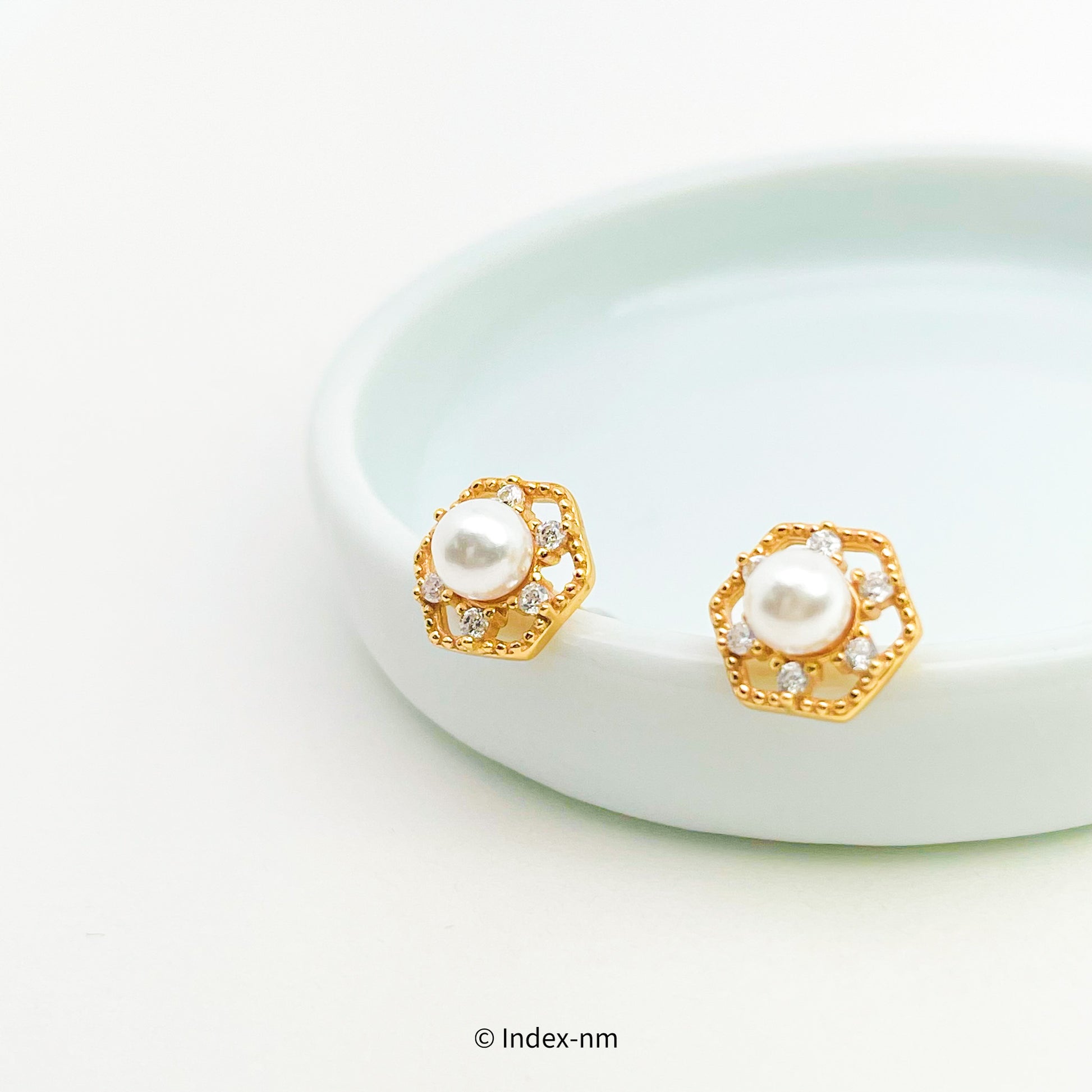 Dainty Sterling Silver Hexagon Pearl Stud Earrings 