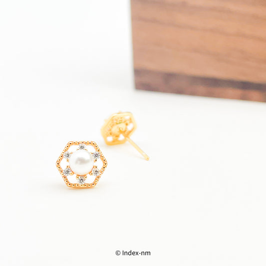 Dainty Sterling Silver Hexagon Pearl Stud Earrings 