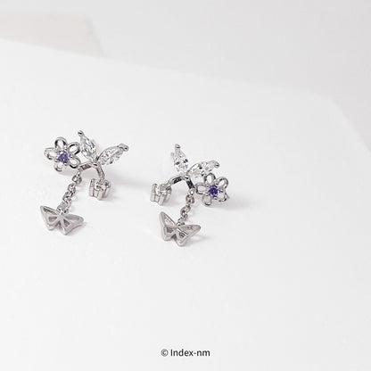 Dainty Sterling Silver Butterfly Flower Drop Earrings