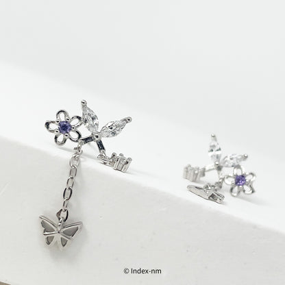 Dainty Sterling Silver Butterfly Flower Drop Earrings
