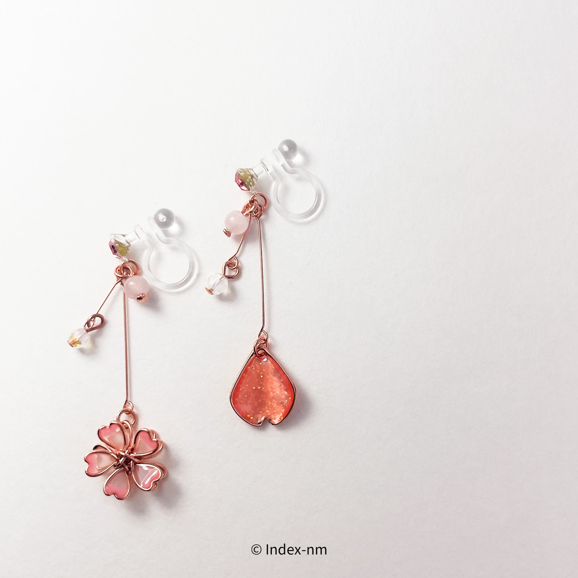 Pink Leaf Asymmetrical Long Drop Earrings/ Ear Clip