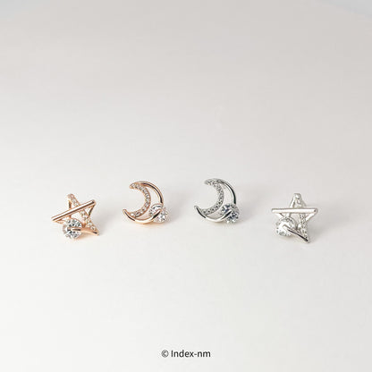 Dainty Sterling Silver Moon and Stars Asymmetric Stud Earrings