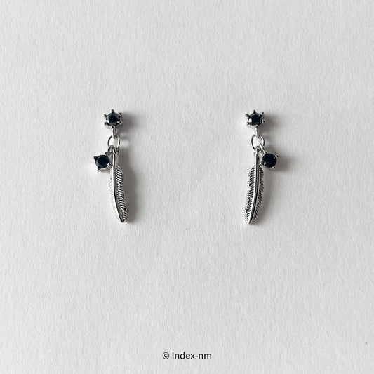 Dainty Silver Feather Drop Earrings With Black Gemstone