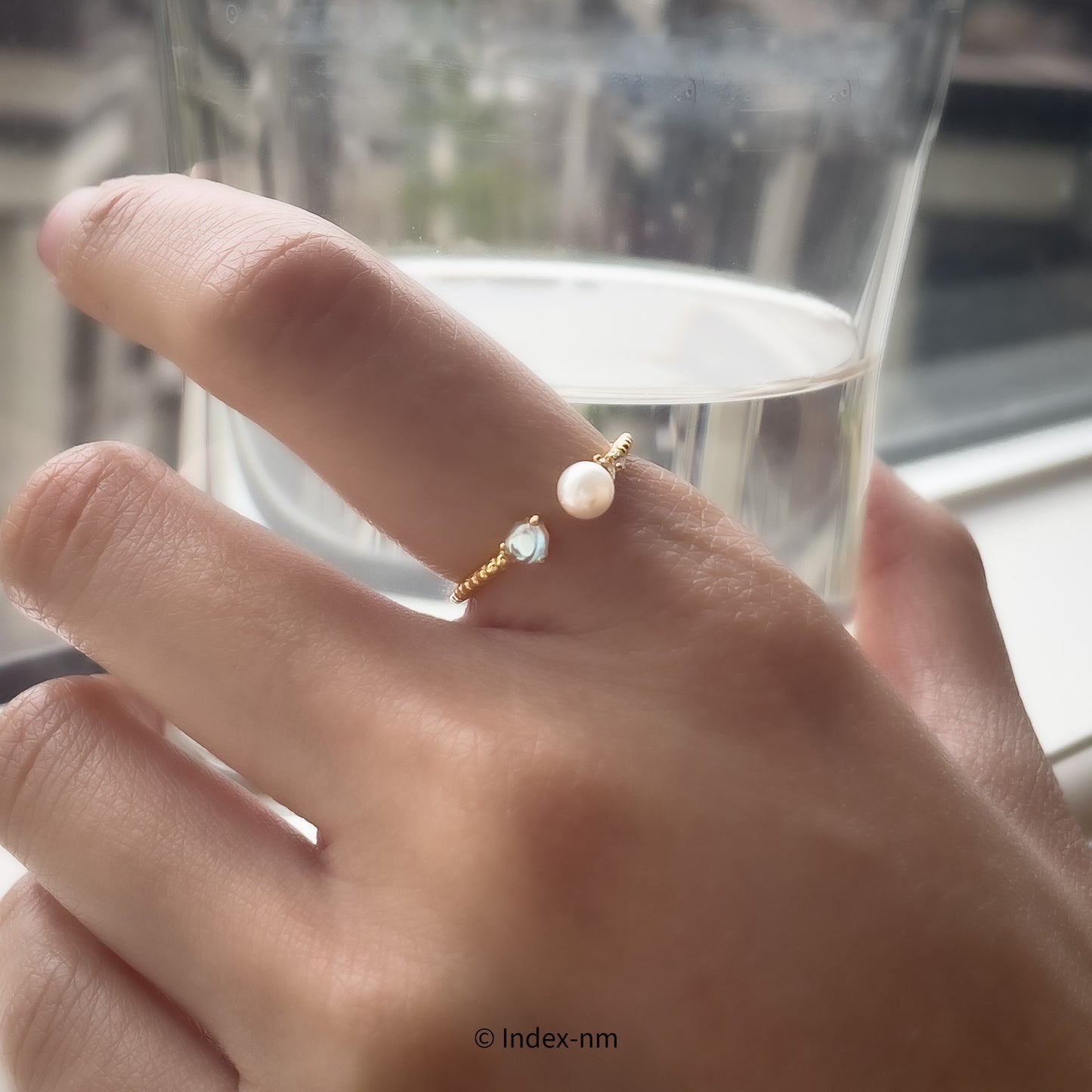 金色全純銀水晶球珍珠可調節戒指