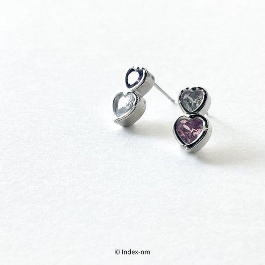 Dainty Double Heart Stud Asymmetrical Earrings With Colorful Gemstone