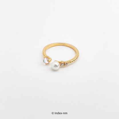 金色全純銀水晶球珍珠可調節戒指