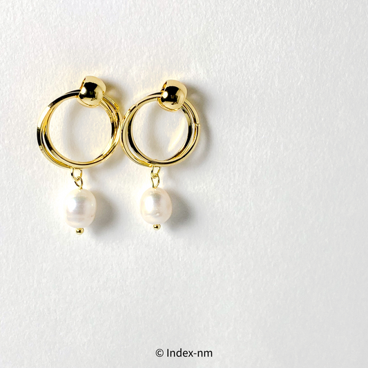 金色雙圓圈珍珠垂吊耳環