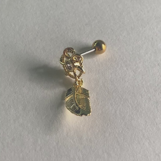 金色鋯石羽毛垂吊鋼針耳環
