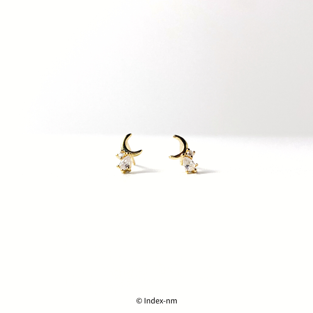 金色月亮及方晶鋯石銀針耳環
