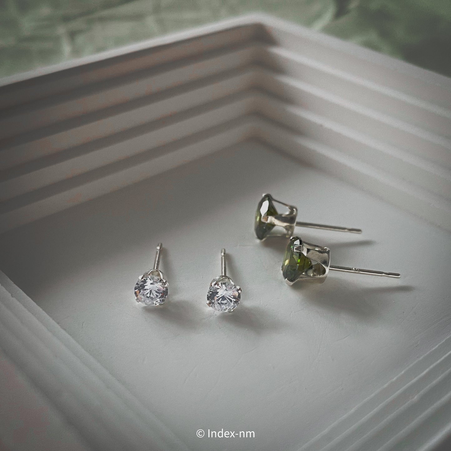 正方形、鋯石、全純銀、耳環、橄欖綠、白色、Accessories